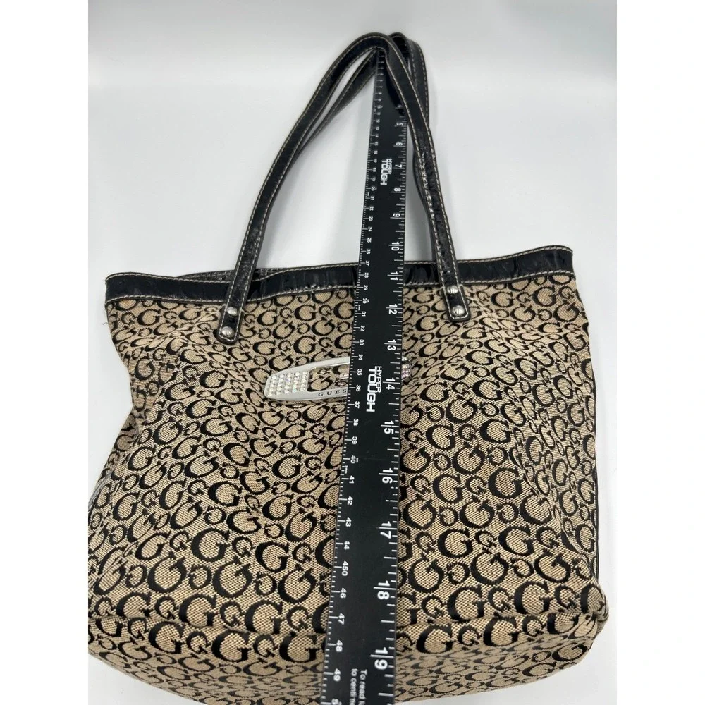 Guess Monogram Tote Bag Black Tan Canvas Rhinestone G Logo‎ Y2K Purse